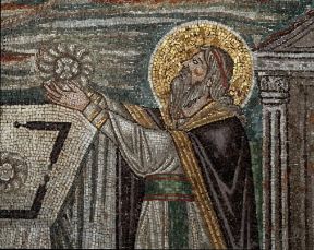 MelchisedÃ¨ch mentre compie l'offerta del pane e del vino al Signore; particolare del mosaico nella lunetta di destra del presbiterio di S. Vitale a Ravenna.De Agostini Picture Library/A. De Gregorio
