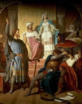 Minnesang. Dipinto raffigurante Hermann di Turingia che assiste alla rappresentazione del poema di un Minnesänger.De Agostini Picture Library / A. Dagli Orti Minnesang. Dipinto raffigurante Hermann di Turingia che assiste alla rappresentazione del poema di un Minnesänger.De Agostini Picture Library / A. Dagli Orti