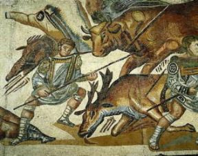 Caccia. Mosaico romano del sec. IV d. C. con scena di caccia (Roma, Galleria Borghese).De Agostini Picture Library/G. Dagli Orti Caccia. Mosaico romano del sec. IV d. C. con scena di caccia (Roma, Galleria Borghese).De Agostini Picture Library/G. Dagli Orti
