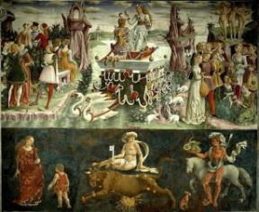 Francesco Cossa. Particolare degli affreschi nel Salone dei mesi in palazzo Schifanoia a Ferrara (ca.1470).De Agostini Picture Library / G. Dagli Orti Francesco Cossa. Particolare degli affreschi nel Salone dei mesi in palazzo Schifanoia a Ferrara (ca.1470).De Agostini Picture Library / G. Dagli Orti
