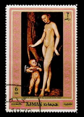 Francobollo dell'emirato arabo Ajman che raffigura Venere e Cupido di Cranach.De Agostini Picture Library/A. Dagli Orti Francobollo dell'emirato arabo Ajman che raffigura Venere e Cupido di Cranach.De Agostini Picture Library/A. Dagli Orti