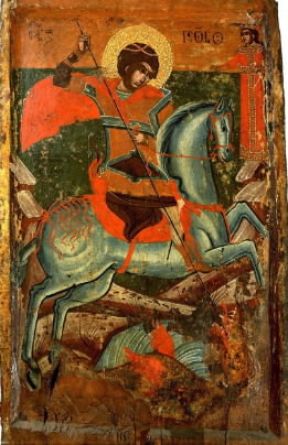 San Giorgio uccide il drago; icona del sec. XVII (Atene, Museo Bizantino).De Agostini Picture Library / G. Dagli Orti San Giorgio uccide il drago; icona del sec. XVII (Atene, Museo Bizantino).De Agostini Picture Library / G. Dagli Orti