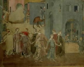 Ambrogio Lorenzetti. Corte di donne danzanti, particolare degli affreschi con le Allegorie ed Effetti del Buono e del Cattivo Governo in città e nel contado (Siena, Palazzo Pubblico). Ambrogio Lorenzetti. Corte di donne danzanti, particolare degli affreschi con le Allegorie ed Effetti del Buono e del Cattivo Governo in città e nel contado (Siena, Palazzo Pubblico).