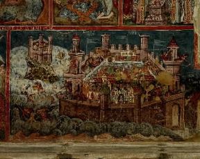 Romania. Affresco nella chiesa di Vatra Moldovitii raffigurante la presa di Costantinopoli (sec. XVI).De Agostini Picture Library / G. Dagli Orti