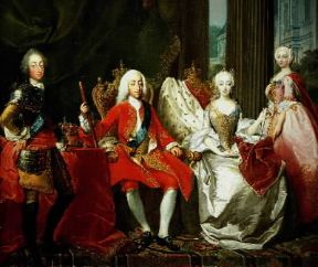 Cristiano VI con la regina Sofia Maddalena e il principe, futuro Federico V, in un ritratto di M. Tuscher (Copenaghen, Rosenborg Slot).De Agostini Picture Library / A. Dagli Orti Cristiano VI con la regina Sofia Maddalena e il principe, futuro Federico V, in un ritratto di M. Tuscher (Copenaghen, Rosenborg Slot).De Agostini Picture Library / A. Dagli Orti