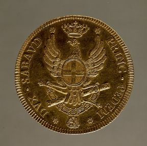 Doppia . Verso della doppia in oro fatta coniare da Vittorio Amedeo III di Savoia (1780; Padova, Museo Civico).De Agostini Picture Library/A. Dagli Orti Doppia . Verso della doppia in oro fatta coniare da Vittorio Amedeo III di Savoia (1780; Padova, Museo Civico).De Agostini Picture Library/A. Dagli Orti