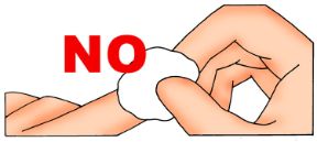 Intervento in caso di ustione. Non porre cotone in contatto con l'ustione. Ustioni lievi. Il cotone direttamente sull’ustione non va usato.