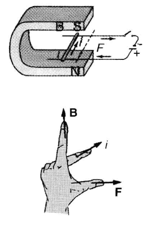 Figura 18.5 La forza che agisce su un conduttore rettilineo (vale la regola della mano sinistra). Figura 18.5 La forza che agisce su un conduttore rettilineo (vale la regola della mano sinistra).