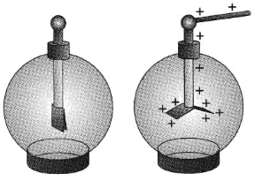 Figura 15.1 Se si tocca la sferetta esterna di un elettroscopio con un oggetto elettrizzato,le lamelle metalliche all'interno della boccia di vetro si elettrizzano a loro volta, caricandosi dello stesso segno, e perciò si separano. Figura 15.1 Se si tocca la sferetta esterna di un elettroscopio con un oggetto elettrizzato,le lamelle metalliche all'interno della boccia di vetro si elettrizzano a loro volta, caricandosi dello stesso segno, e perciò si separano.