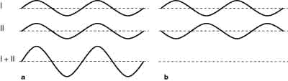 Figura 20.4 Interferenza costruttiva (A) nel caso in cui si abbia concordanza di fase, pari ampiezza e pari intensità: l'onda risultante (I + II) ha ampiezza doppia e uguale frequenza delle prime due. Interferenza distruttiva (B) quando le due onde sono in opposizione di fase e hanno uguale ampiezza e intensità: l'onda risultante (I + II) è nulla.