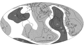 Figura 5.1 La forma della Terra: il geoide e l'ellissoide non coincidono perfettamente (le aree grigio chiaro rappresentano le elevazioni del geoide rispetto all'elissoide; le aree grigio scuro, le depressioni), Figura 5.1 La forma della Terra: il geoide e l'ellissoide non coincidono perfettamente (le aree grigio chiaro rappresentano le elevazioni del geoide rispetto all'elissoide; le aree grigio scuro, le depressioni),