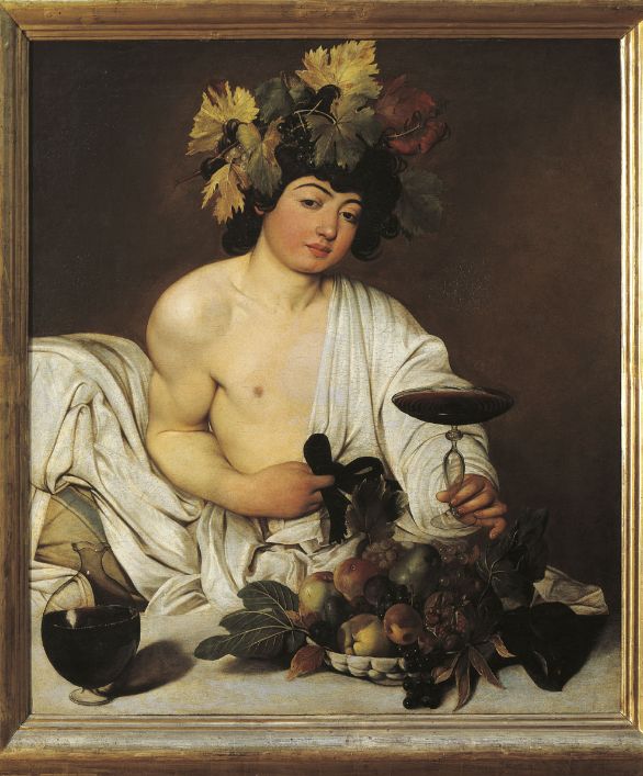 Bacco, olio su tela, 1595-96 circa, collocato presso la Galleria degli Uffizi a Firenze Bacco è un'opera importante sia per l'audacia del taglio compositivo sia per la maestria con cui sono stati realizzati i dettagli di natura morta. Nonostante l'evidente erotismo che esprime lo sguardo del giovane, alcuni studiosi hanno visto un significato morale nel quadro: i frutti che cominciano a marcire sono un invito a ricordare la caducità dei piaceri terreni. Bacco, olio su tela, 1595-96 circa, collocato presso la Galleria degli Uffizi a Firenze Bacco è un'opera importante sia per l'audacia del taglio compositivo sia per la maestria con cui sono stati realizzati i dettagli di natura morta. Nonostante l'evidente erotismo che esprime lo sguardo del giovane, alcuni studiosi hanno visto un significato morale nel quadro: i frutti che cominciano a marcire sono un invito a ricordare la caducità dei piaceri terreni.
