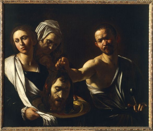 Salomè riceve la testa del Battista, olio su tela, 1607-10, collocato presso la National Gallery di Londra La tela 'Salomè riceve la testa del Battista' è un esempio dell'uso scenografico che Caravaggio faceva della luce, per esaltare la teatralità dei gesti e mettere in evidenza il realismo drammatico dell'immagine. Salomè riceve la testa del Battista, olio su tela, 1607-10, collocato presso la National Gallery di Londra La tela 'Salomè riceve la testa del Battista' è un esempio dell'uso scenografico che Caravaggio faceva della luce, per esaltare la teatralità dei gesti e mettere in evidenza il realismo drammatico dell'immagine.