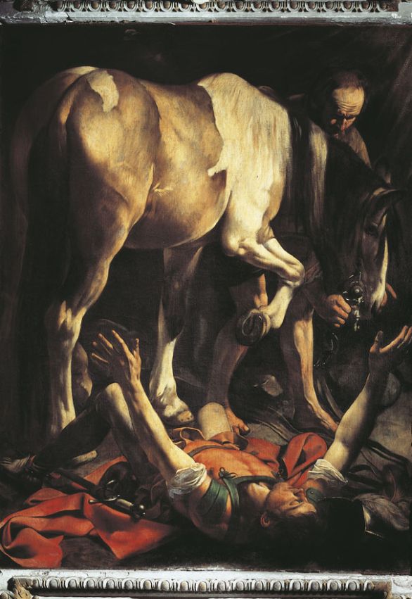 Conversione di San Paolo, olio su tela, 1600-01, collocato presso la Cappella Cerasi nella chiesa di Santa Maria del Popolo a Roma Il possente fianco del cavallo domina la parte superiore di questo dipinto. Ci volle tutta l'audacia del pittore per dare a un animale così comune un ruolo di tale rilievo in un'opera religiosa. Conversione di San Paolo, olio su tela, 1600-01, collocato presso la Cappella Cerasi nella chiesa di Santa Maria del Popolo a Roma Il possente fianco del cavallo domina la parte superiore di questo dipinto. Ci volle tutta l'audacia del pittore per dare a un animale così comune un ruolo di tale rilievo in un'opera religiosa.