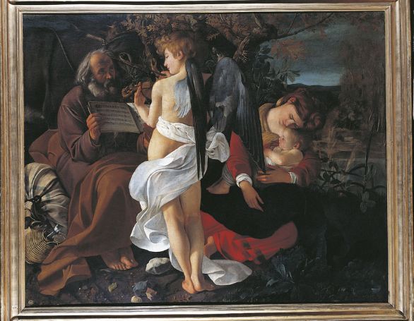 Riposo durante la fuga in Egitto, olio su tela, 1595-96, collocato presso la Galleria Doria Pamphilj di Roma L'opera ha come tema predominante la musica, impersonata dall'angelo musicista, che divide la scena in due parti distinte: a sinistra la vita attiva (Giuseppe che regge lo spartito), a destra la vita contemplativa (il sonno della Vergine e del Bambino). Riposo durante la fuga in Egitto, olio su tela, 1595-96, collocato presso la Galleria Doria Pamphilj di Roma L'opera ha come tema predominante la musica, impersonata dall'angelo musicista, che divide la scena in due parti distinte: a sinistra la vita attiva (Giuseppe che regge lo spartito), a destra la vita contemplativa (il sonno della Vergine e del Bambino).