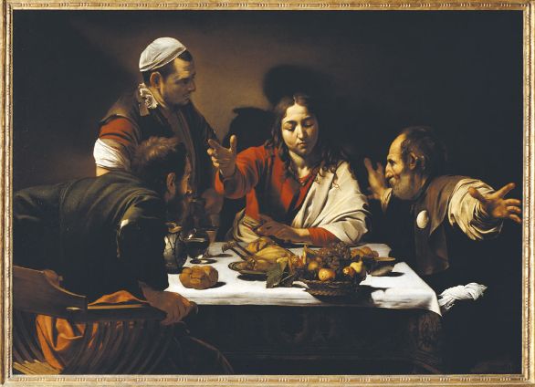Cena in Emmaus, olio su tela, 1601, collocato presso la National Gallery di Londra Questo dipinto è uno dei capolavori di Caravaggio, con le figure in primo piano che riflettono l'ombra sullo sfondo neutro. Le vivande in tavola sono dipinte con straordinario realismo ma allo stesso tempo alludono a vari significati simbolici: l'Eucarestia, la morte e la resurrezione. Cena in Emmaus, olio su tela, 1601, collocato presso la National Gallery di Londra Questo dipinto è uno dei capolavori di Caravaggio, con le figure in primo piano che riflettono l'ombra sullo sfondo neutro. Le vivande in tavola sono dipinte con straordinario realismo ma allo stesso tempo alludono a vari significati simbolici: l'Eucarestia, la morte e la resurrezione.