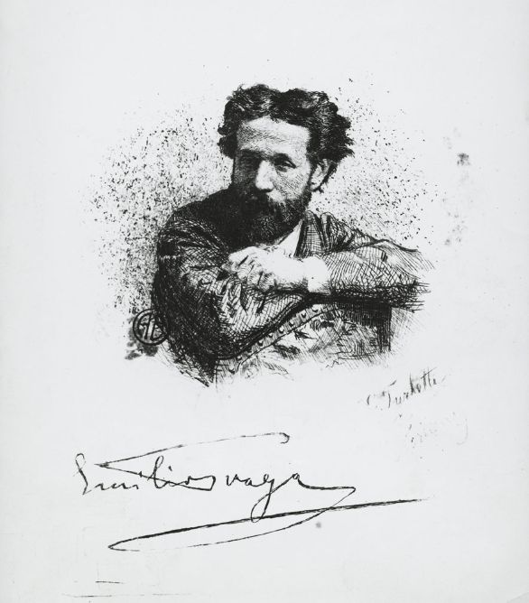 Ritratto con firma autografa di Emilio Praga, scrittore, librettista italiano, esponente della Scapigliatura Il milanese Emilio Praga (1839-1875) iniziò la sua attività artistica come pittore (scapigliati furono anche vari pittori dell'epoca) e solo successivamente si volse alla letteratura. Fin dalle prime raccolte di versi, Ritratto con firma autografa di Emilio Praga, scrittore, librettista italiano, esponente della Scapigliatura Il milanese Emilio Praga (1839-1875) iniziò la sua attività artistica come pittore (scapigliati furono anche vari pittori dell'epoca) e solo successivamente si volse alla letteratura. Fin dalle prime raccolte di versi,