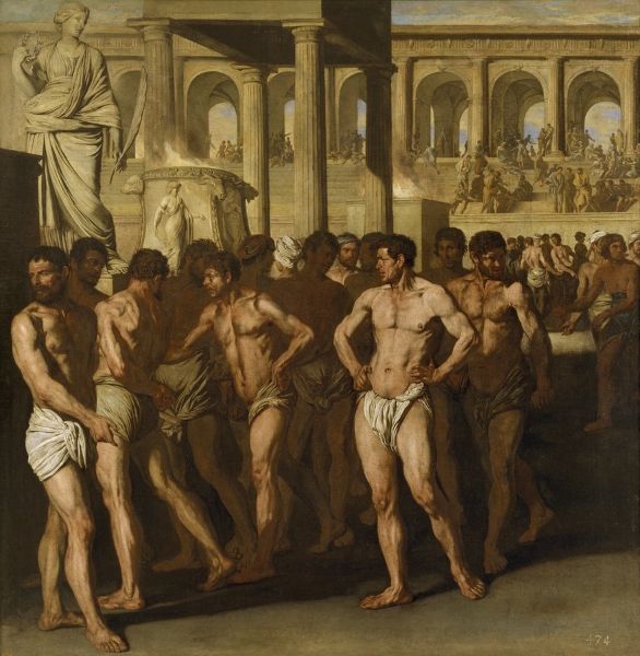 I gladiatori, Aniello Falcone I gladiatori, di Aniello Falcone (1607-1656), olio su tela, cm 186x183. Antica Roma. I gladiatori, Aniello Falcone I gladiatori, di Aniello Falcone (1607-1656), olio su tela, cm 186x183. Antica Roma.
