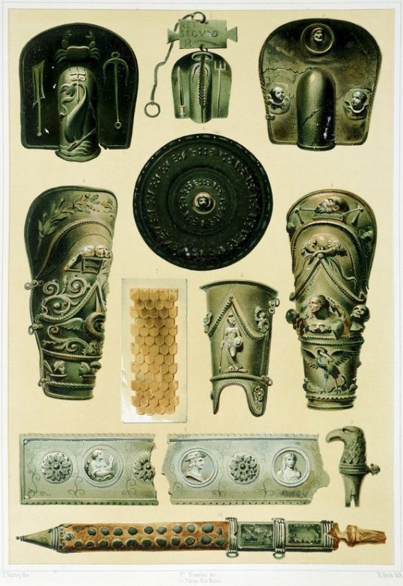 Gladiatori, le armi Riproduzione di armature ed armi, da Le case ed i monumenti di Pompei, di Fausto e Felice Niccolini, volume I, Caserma dei Gladiatori, tavola IV, 1854-1896.
Gladiatori, le armi Riproduzione di armature ed armi, da Le case ed i monumenti di Pompei, di Fausto e Felice Niccolini, volume I, Caserma dei Gladiatori, tavola IV, 1854-1896.