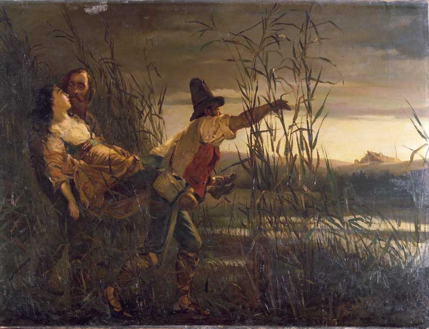 Giuseppe Garibaldi e il Maggiore Leggero, olio su tela Giuseppe Garibaldi e il maggiore Leggero trasportano Anita morente attraverso le paludi di Comacchio, olio su tela.
De Agostini Picture Library