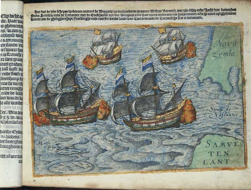 Viaggio di Willem Barents Viaggio di Willem Barentsz o William Barents (1550–1597) nel Mar Glaciale Artico. Navi olandesi al largo della Novaja Zemlja (Nuova terra), nell' arcipelago russo.
© De Agostini Picture Library