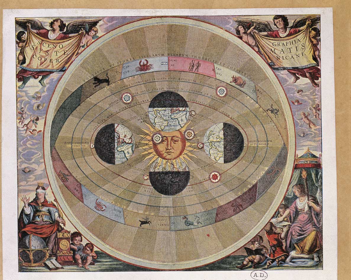 Cosmo, teoria eliocentrica Rappresentazione del cosmo secondo la teoria eliocentrica o copernicana con i movimenti della terra in rapporto con il sole.
Incisione tratta da Andreas Cellarius (1596-1665), Harmonia Macrocosmica, Amsterdam, 1660.
© De Agostini Picture Library