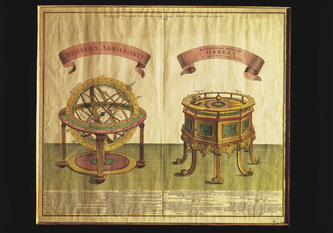 Incisione Incisione acquarellata raffigurante strumenti di osservazione astronomica (Sphaera Armillaris e Planetario) a cura di Tobias Conrad Lotter, Augsburg 1774.
© De Agostini Picture Library