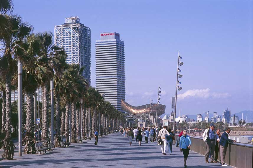 La Barceloneta Passeig Maritim de La Barceloneta (Barcellona). Sullo sfondo Las Dos Torres progetto di Inigo Ortiz e Enrique de Leon, l'Hotel Arts progetto di Bruce Graham e Frank O. Gehry, e la Balena, progetto di Frank Gehry.
De Agostini Picture Library