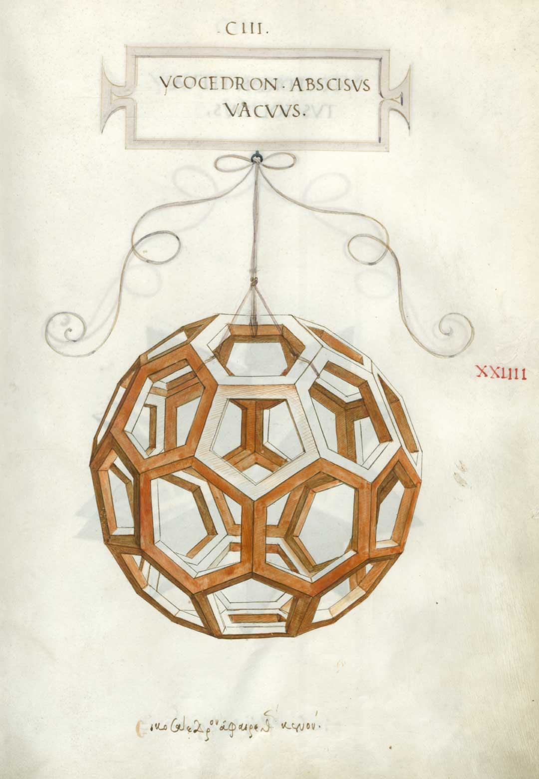 La divina proporzione, Leonardo Da Vinci La divina proporzione (De divina proportione) di Luca Pacioli. Tavola XXIIII, folio 103 recto. Icosaedro tagliato vuoto (Ycocedron abscisvs vacvvs). Disegno attribuito a Leonardo da Vinci.
© Veneranda Biblioteca Ambrosiana/De Agostini Picture Library 