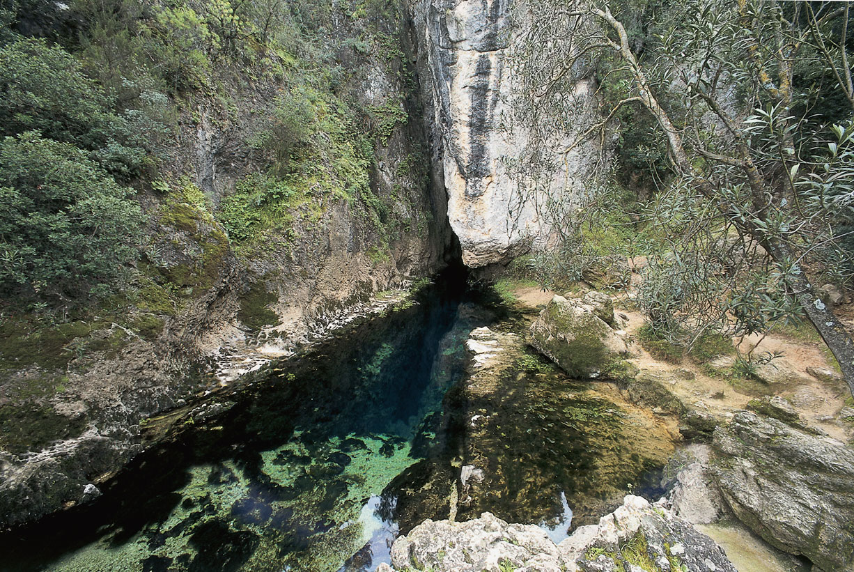 Sardegna, sorgente carsica Su Gologone Rispetto al punto di infiltrazione l'acqua ritorna in superficie ad altezza inferiore, ciò avviene a causa della forza di gravità e delle pressioni da essa indotta.